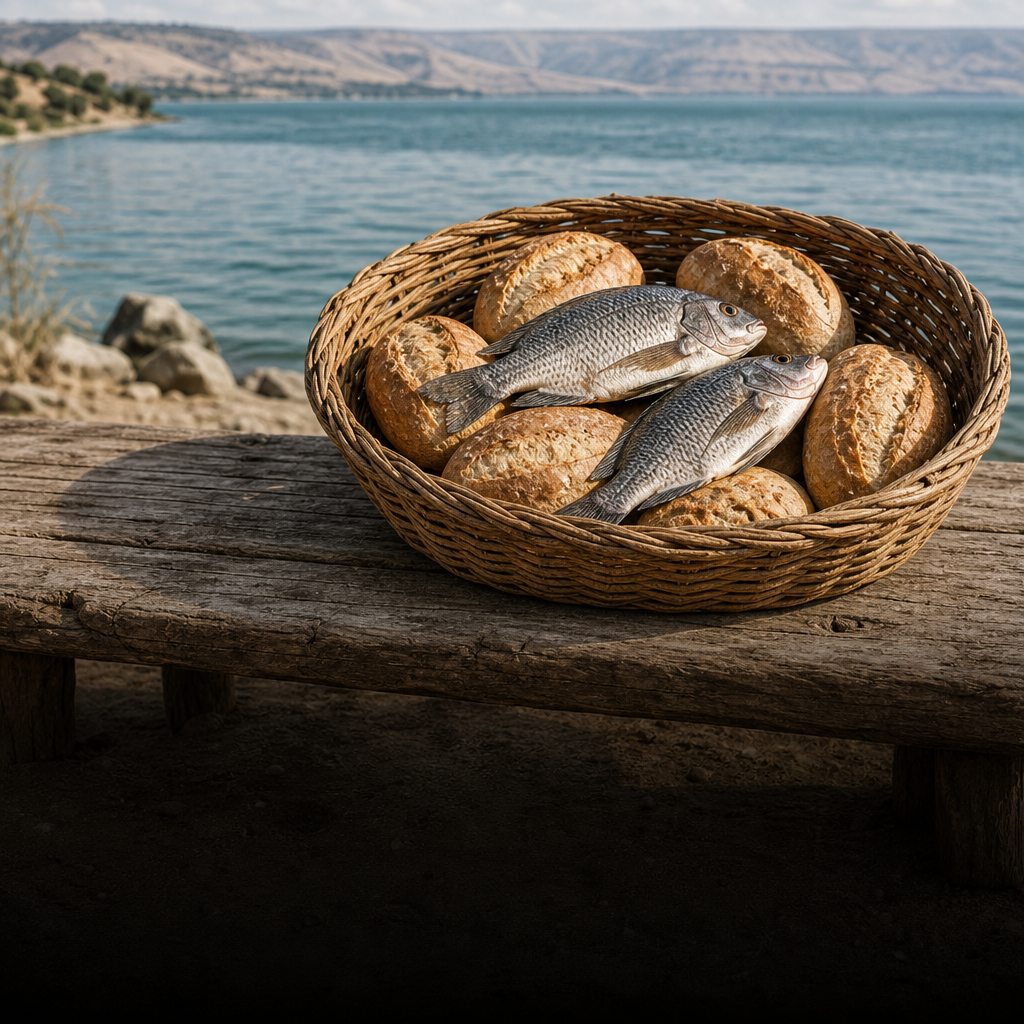Basket of loaves and fish beside the Sea of Galilee